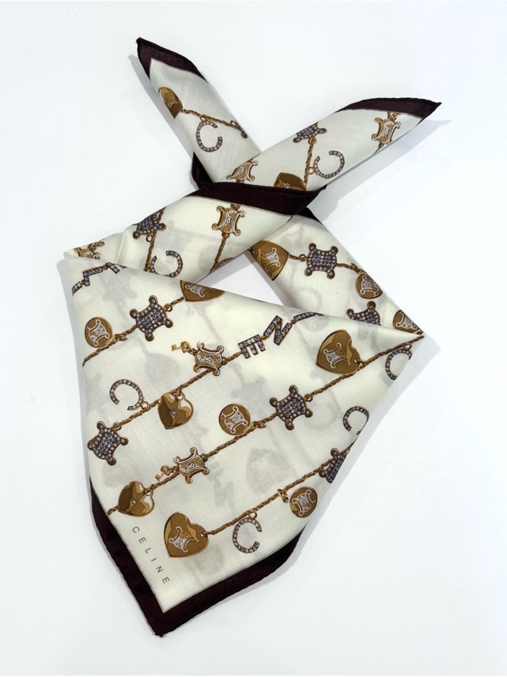 Women Handkerchief Celine Cream Gold Coin Chain Heart Cotton Pocket Square 20”